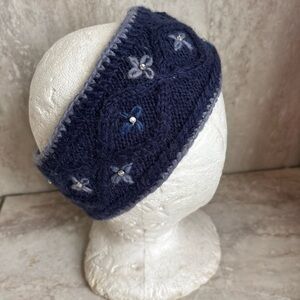 Handknit Navy Wool Headband by Windhorse, Rhinestones, Cables, NEW! Gorgeous